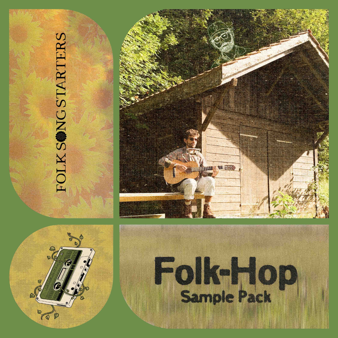 Folk-Hop sample pack artwork: C4C playing guitar outside a wooden cabin